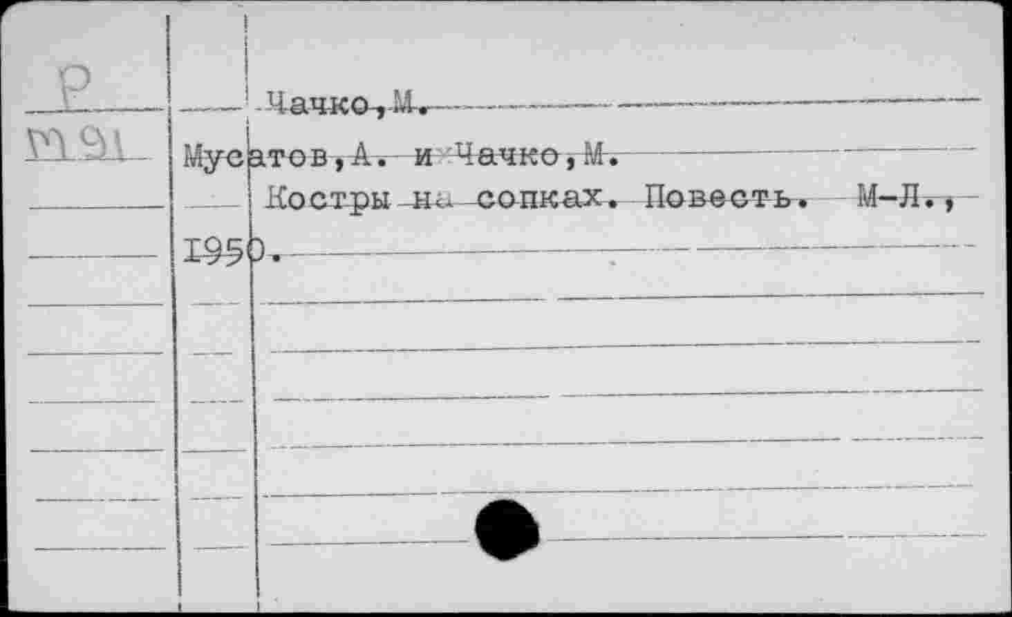 ﻿	1 	I Муе		 атов,А.и-Чачко,М.— Костры -но. сопках. Повесть. М-Л, г- 3. 	
—		
—	—		•	